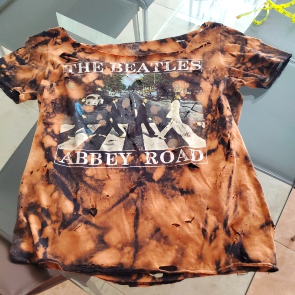 SOLD. The Beatles Abbey Road distressed off shoulder brown tie Dyed tshirt